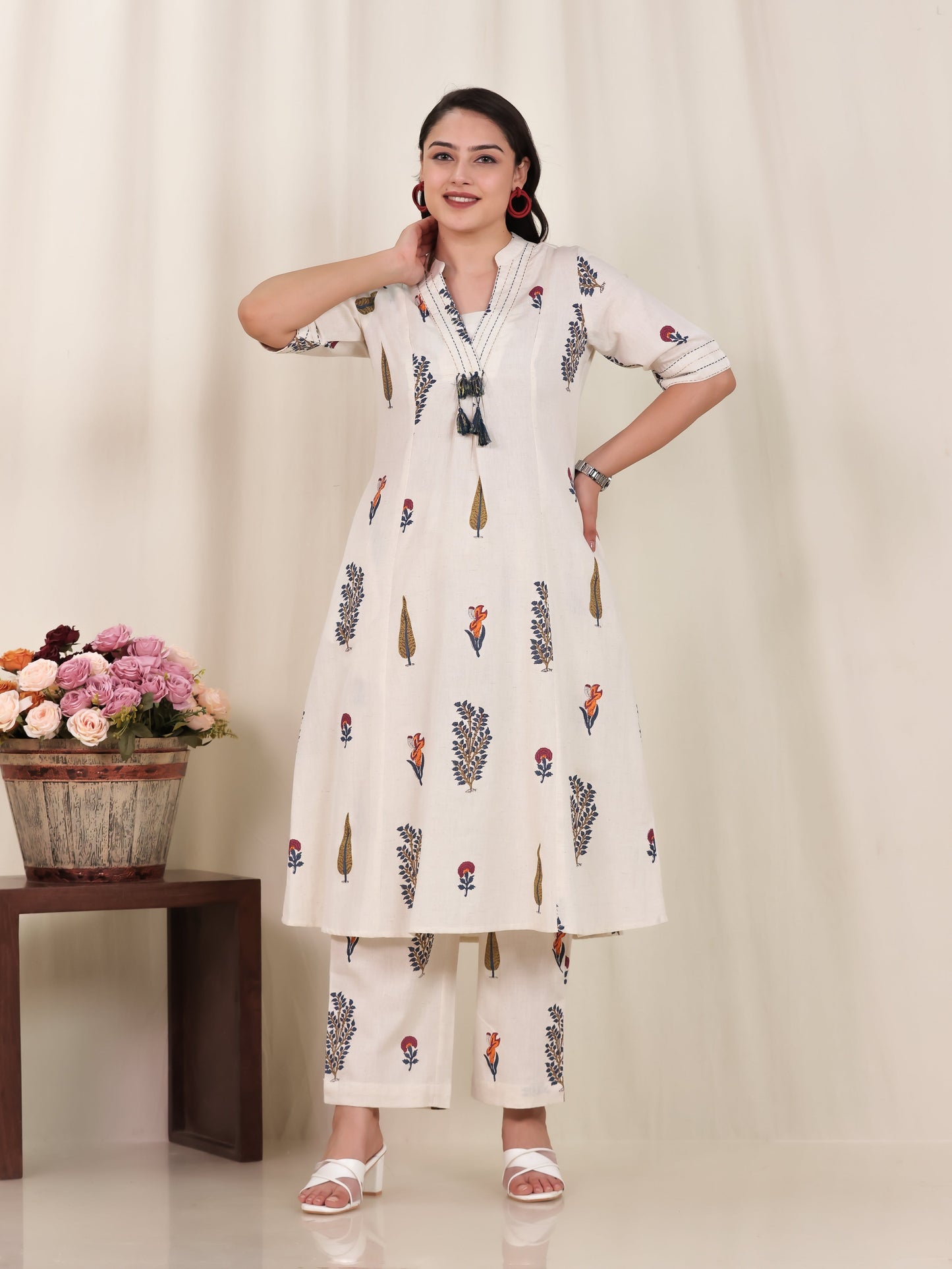 Embroidered Linen Cotton Floral Flared Off White Kurta