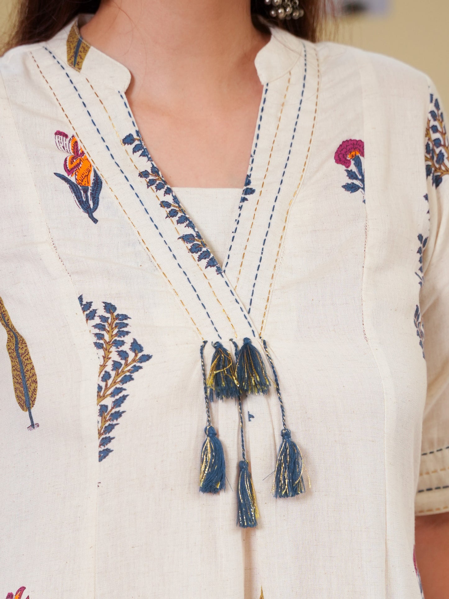 Linen Cotton Floral Flared Off White Kurta