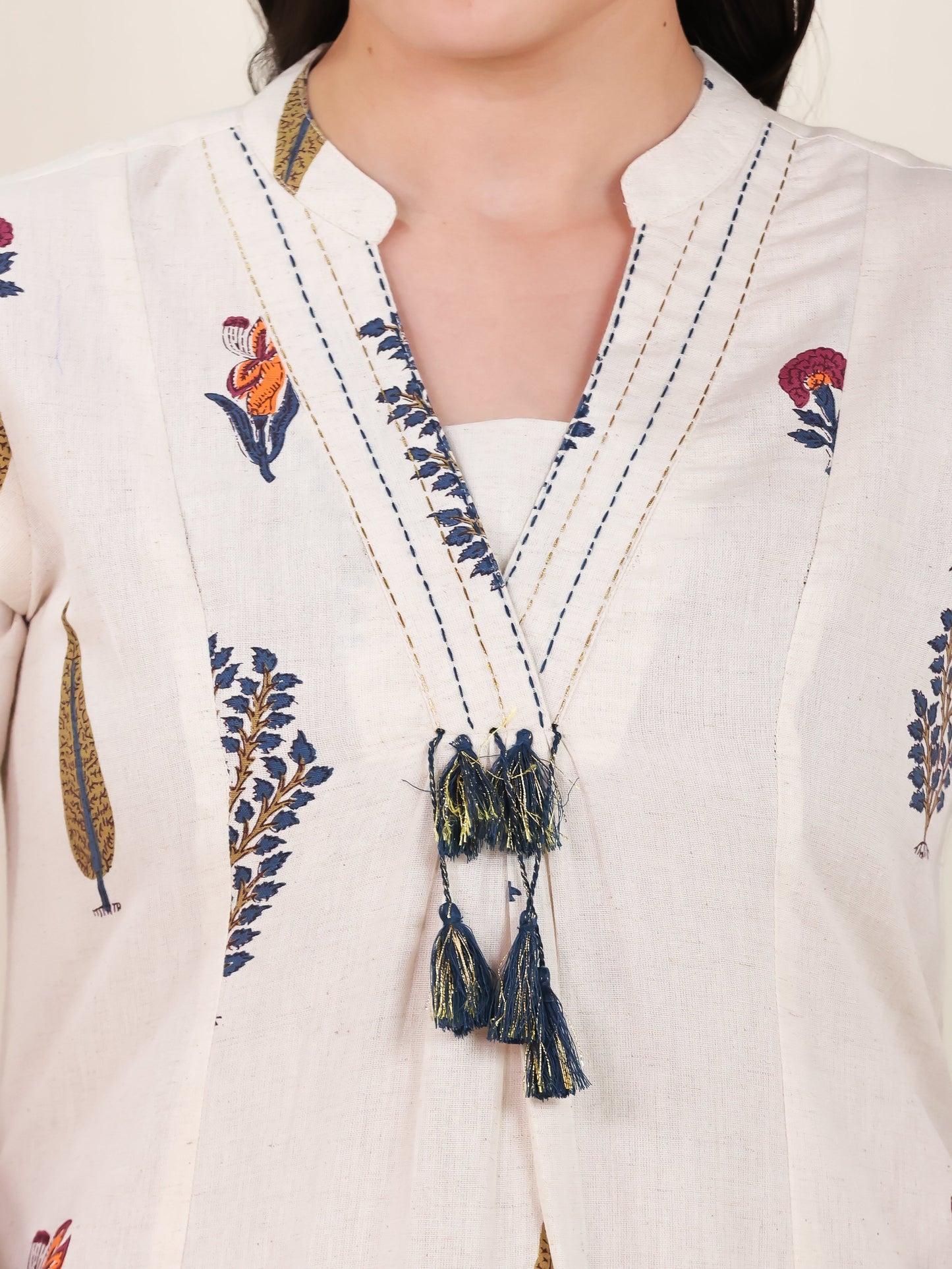 Embroidered Linen Cotton Floral Flared Off White Kurta