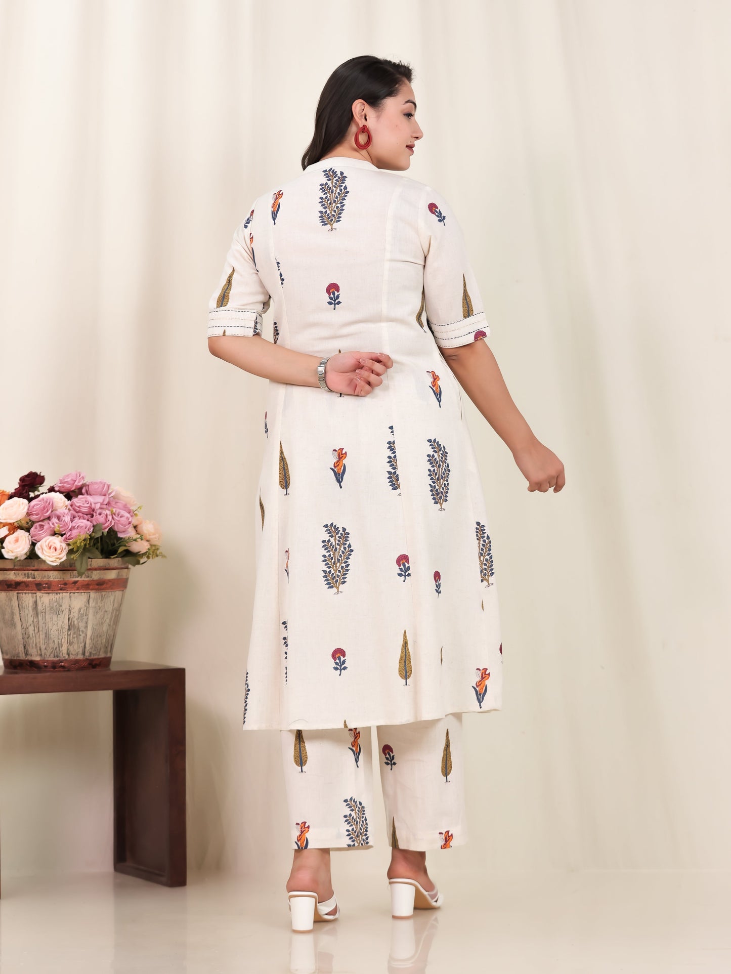 Embroidered Linen Cotton Floral Flared Off White Kurta
