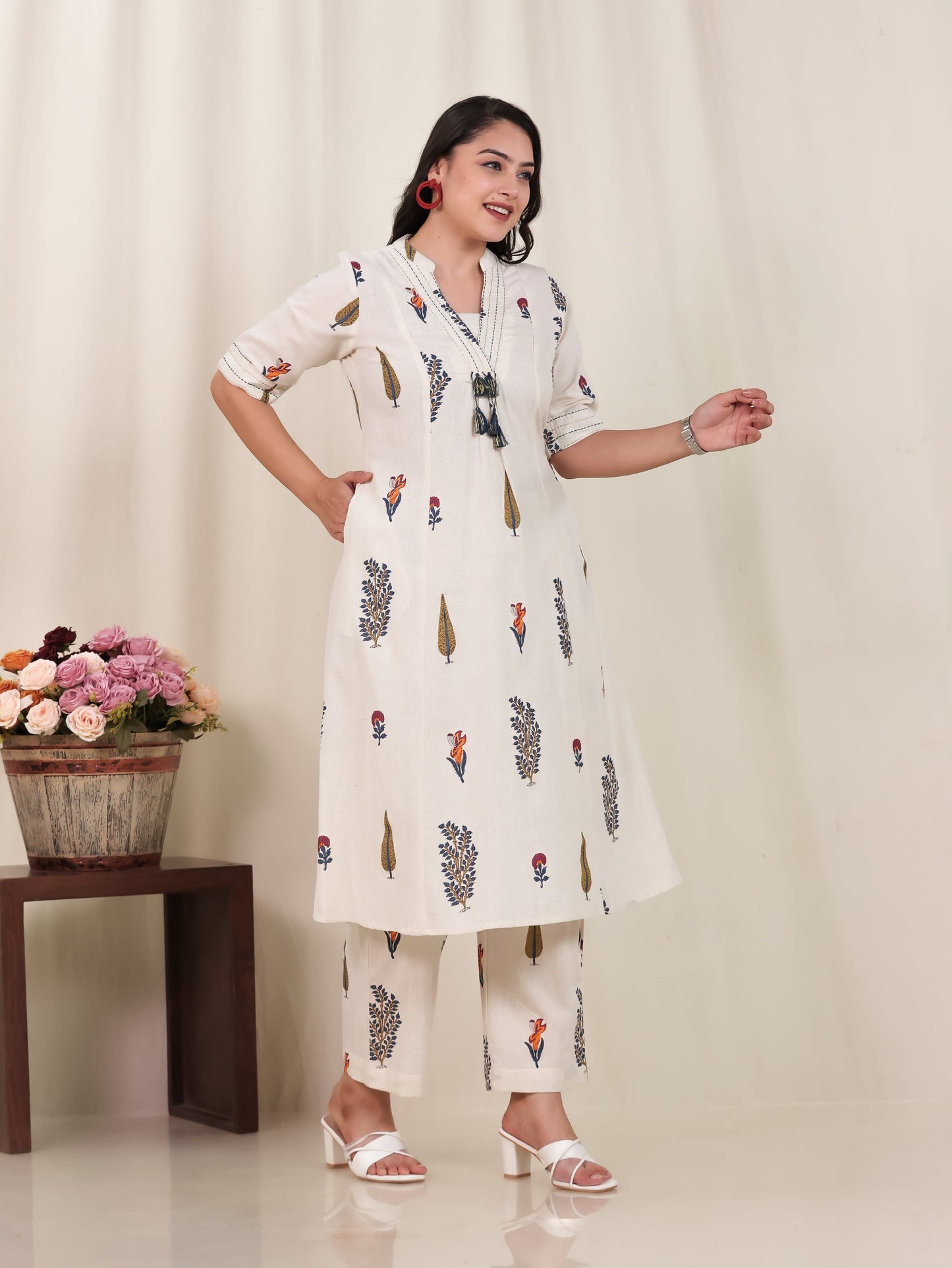 Embroidered Linen Cotton Floral Flared Off White Kurta