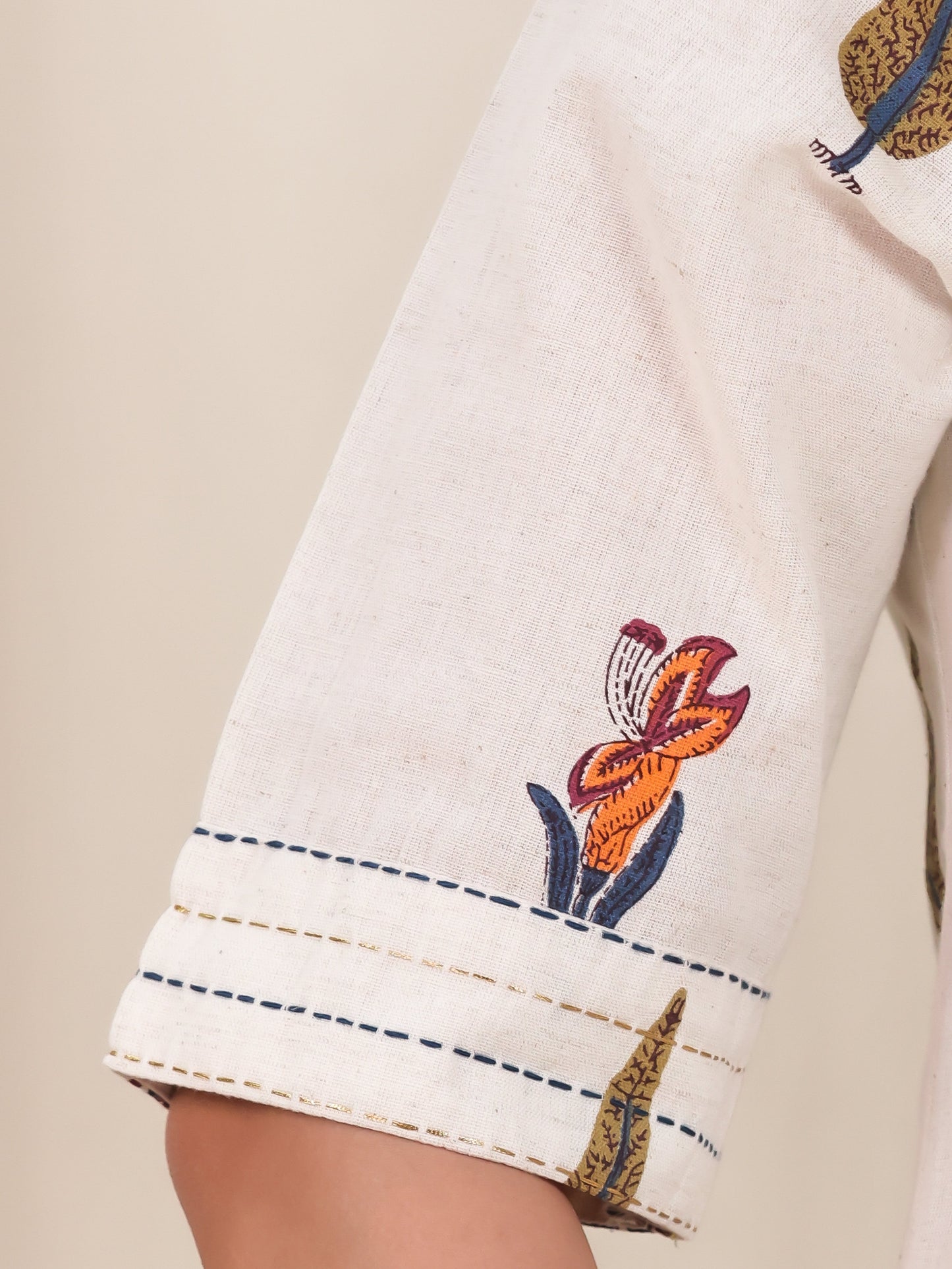 Embroidered Linen Cotton Floral Flared Off White Kurta