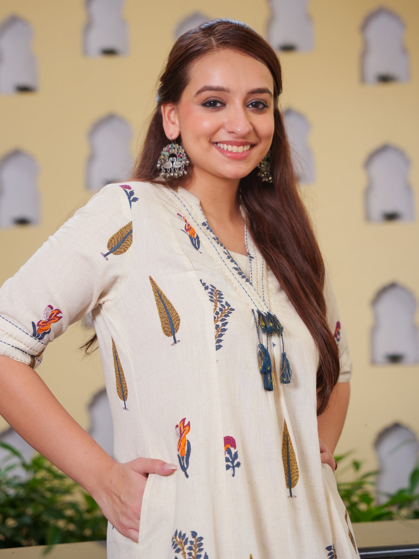 Linen Cotton Floral Flared Off White Kurta