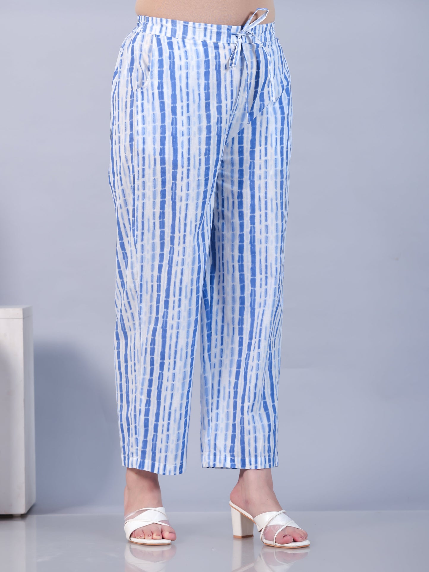 Soft Cotton Striped White Straight Trousers