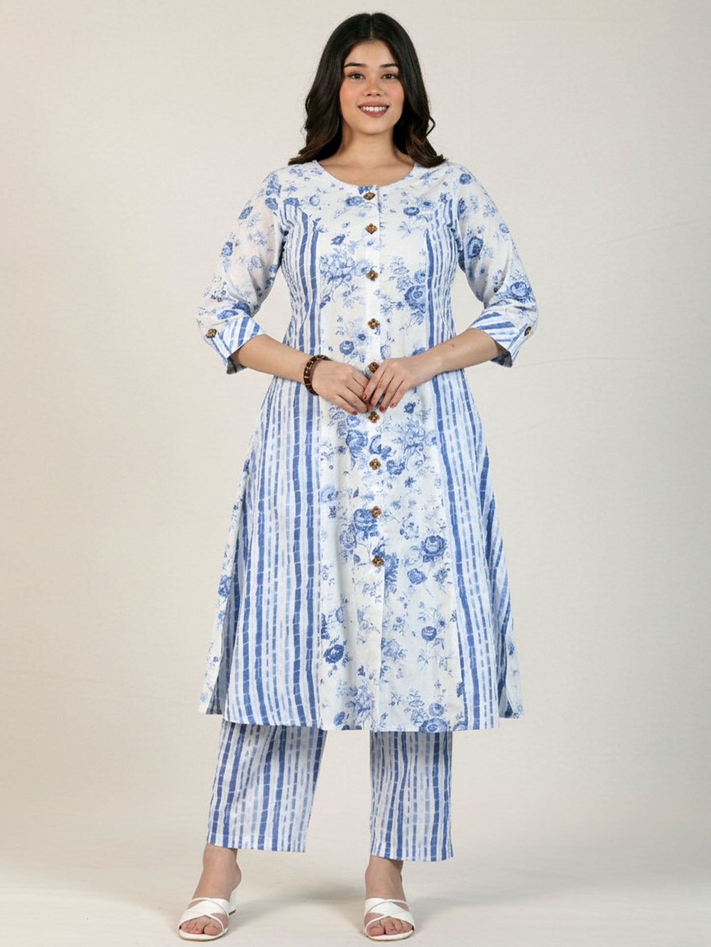 Soft Cotton Floral Flared White Kurta