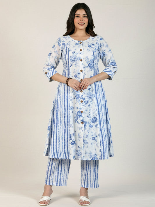 Soft Cotton Floral Flared White Kurta