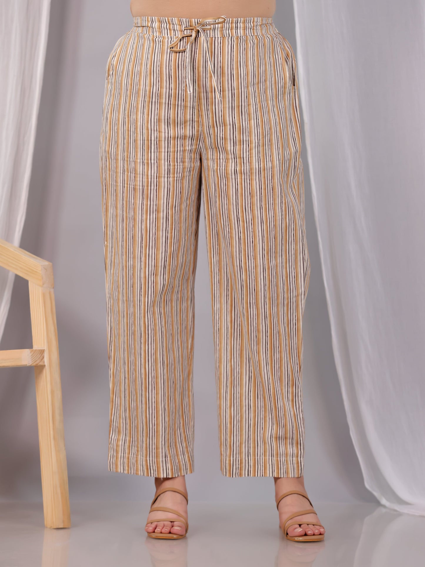 Soft Cotton Striped Beige Straight Trousers