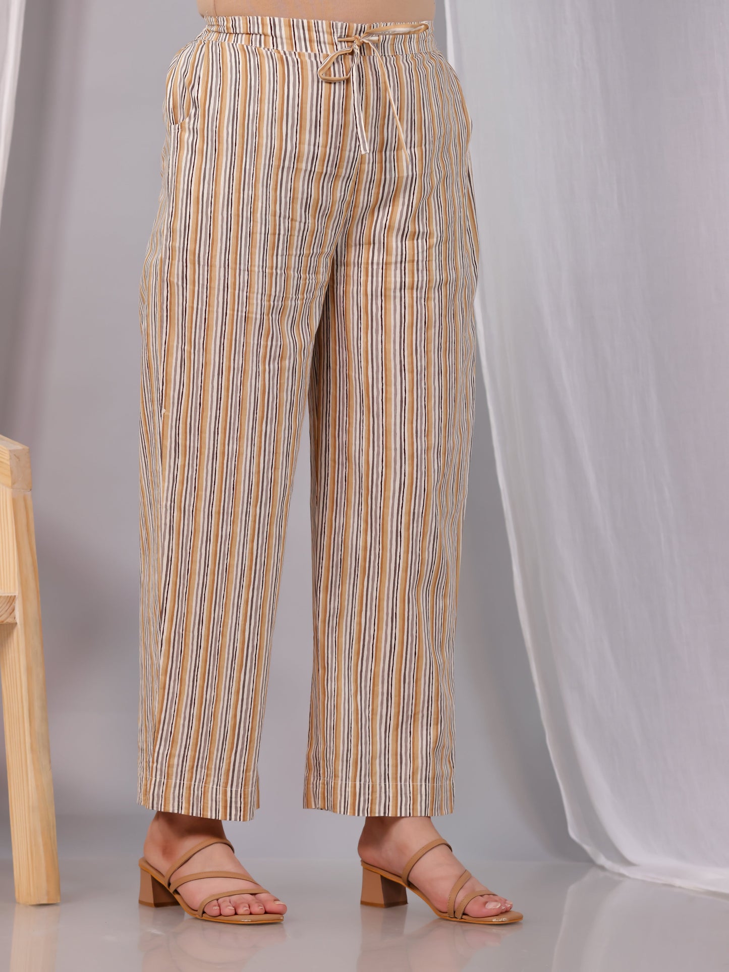 Soft Cotton Striped Beige Straight Trousers