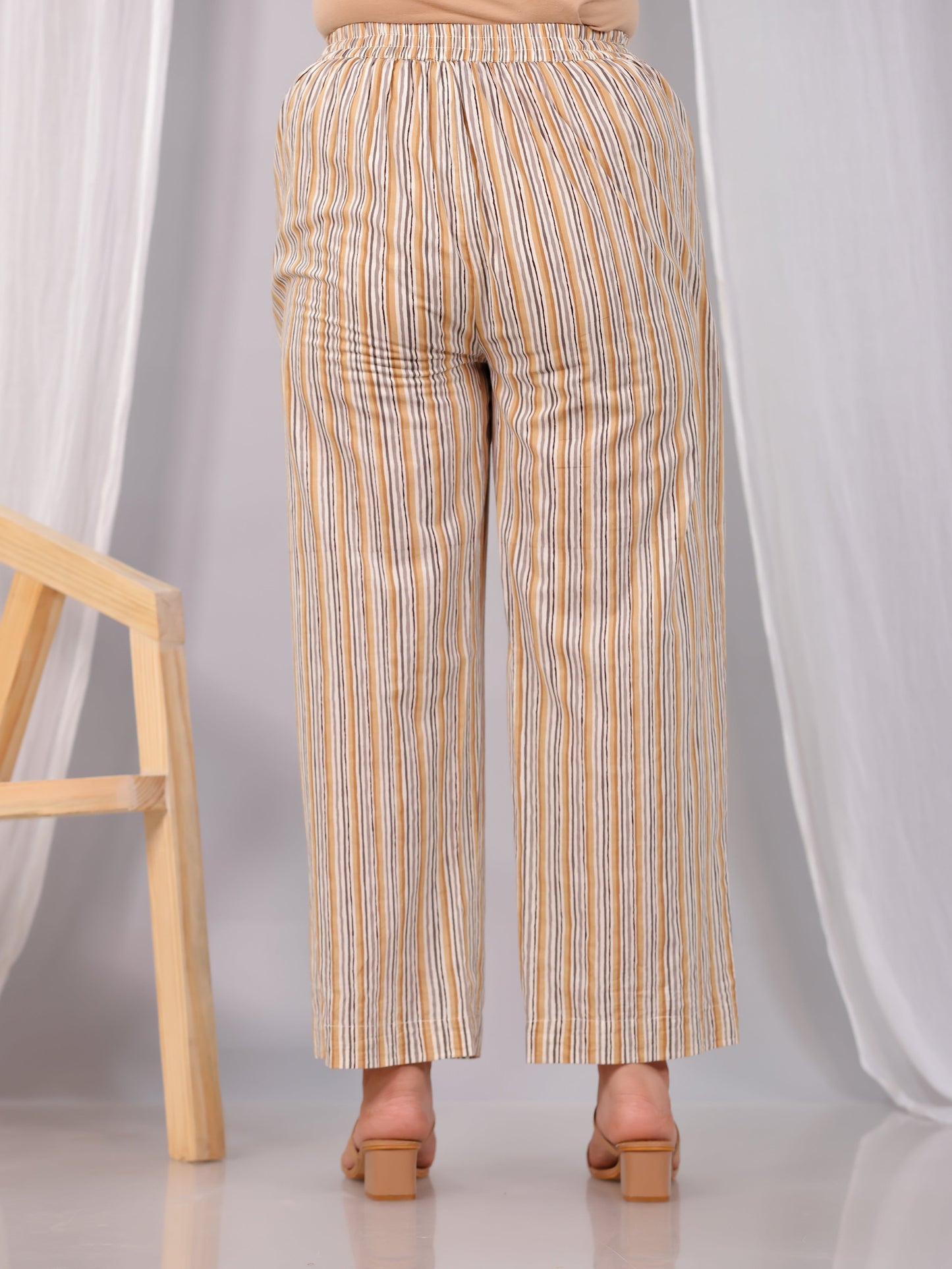 Soft Cotton Striped Beige Straight Trousers