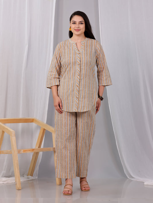 Soft Cotton Striped Straight Beige Kurta
