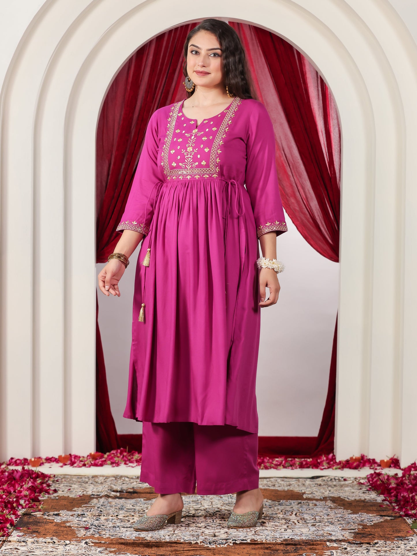 Embroidered Viscose Solid Flared Pink Kurta