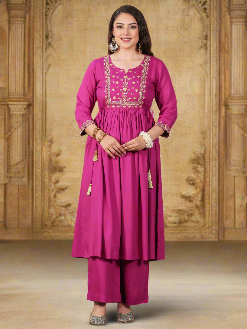 Embroidered Viscose Solid Flared Pink Kurta