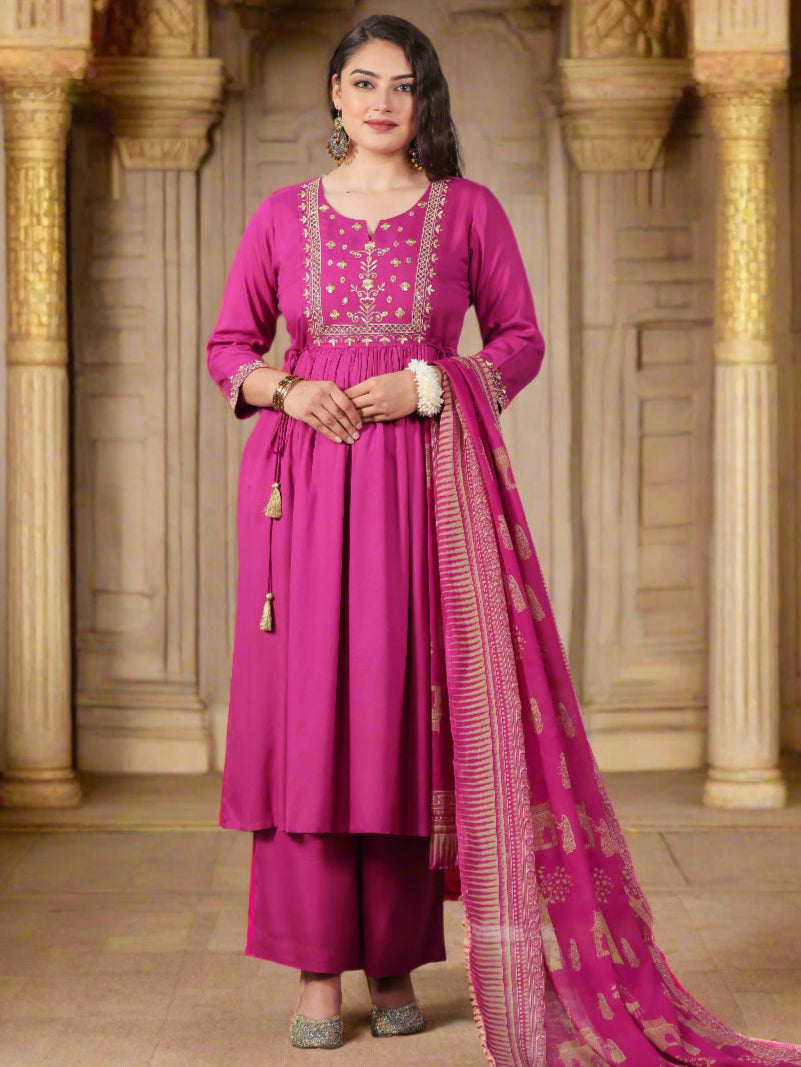 Embroidered Viscose Solid Flared Pink Kurta