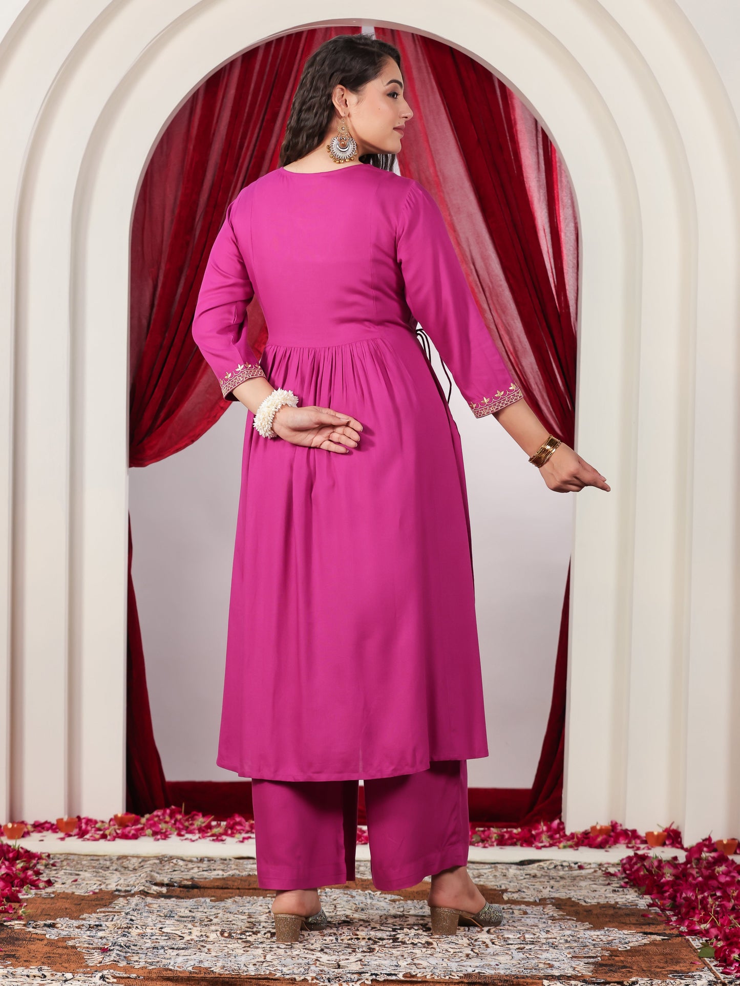 Embroidered Viscose Solid Flared Pink Kurta