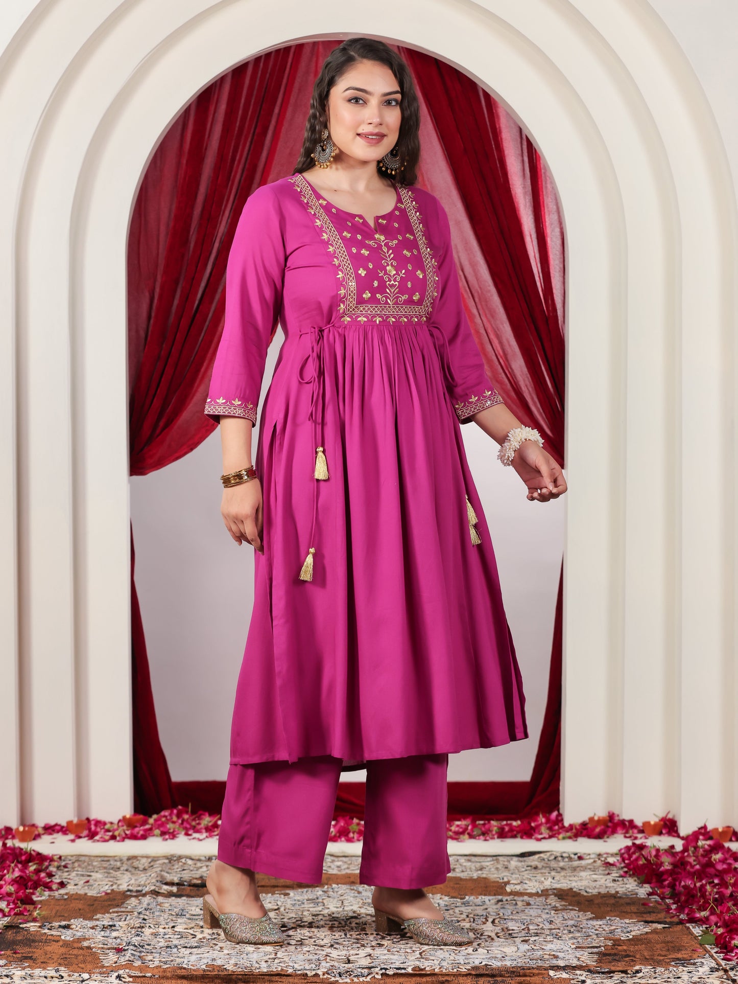 Embroidered Viscose Solid Flared Pink Kurta