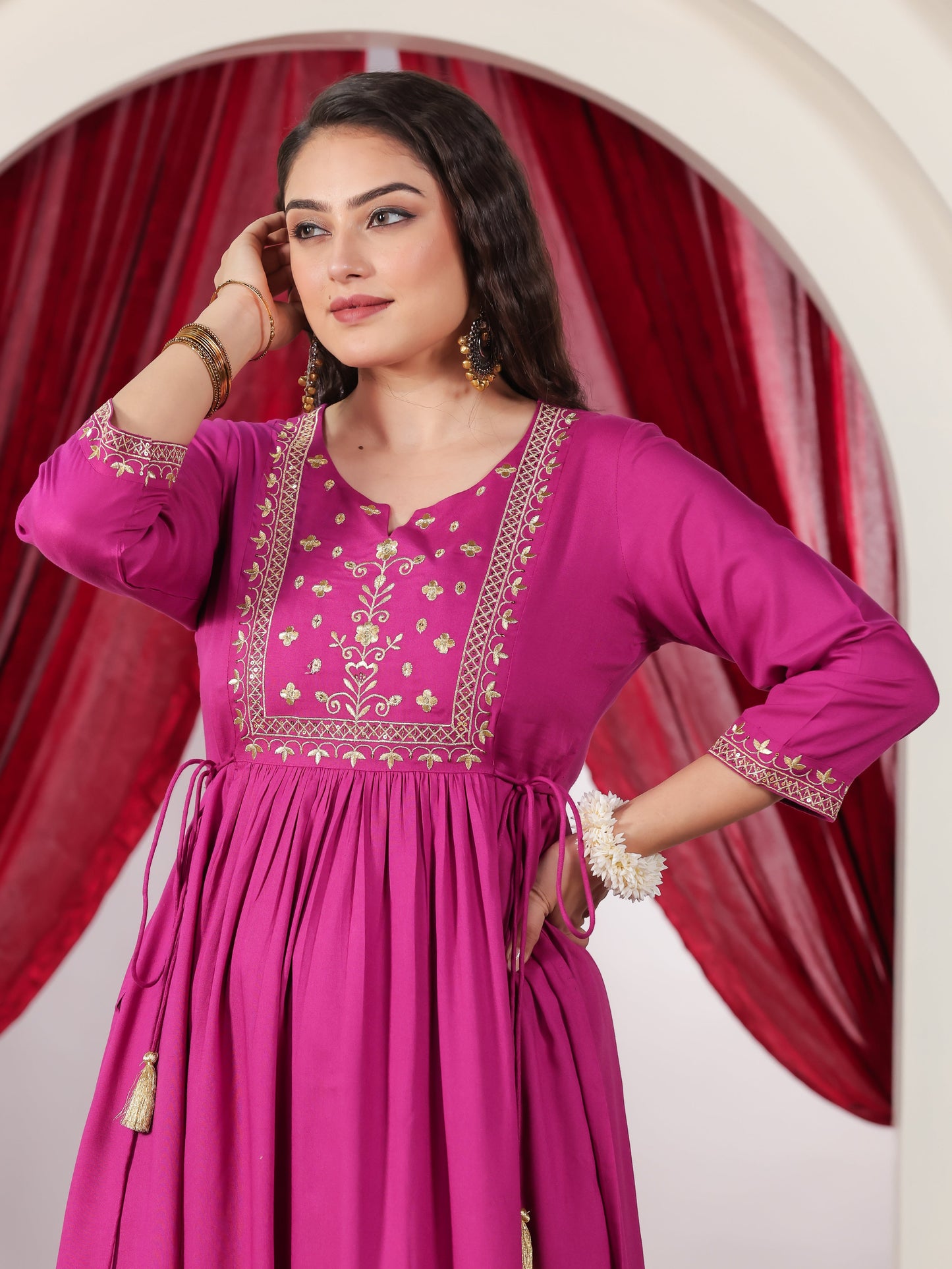 Embroidered Viscose Solid Flared Pink Kurta