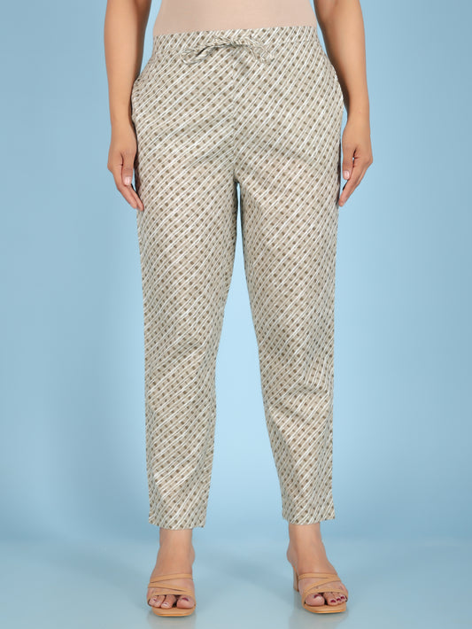 Soft Cotton Striped Beige Tapered Trousers