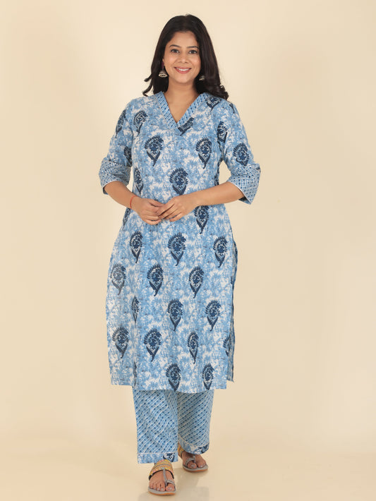 Soft Cotton Block Straight Blue Kurta