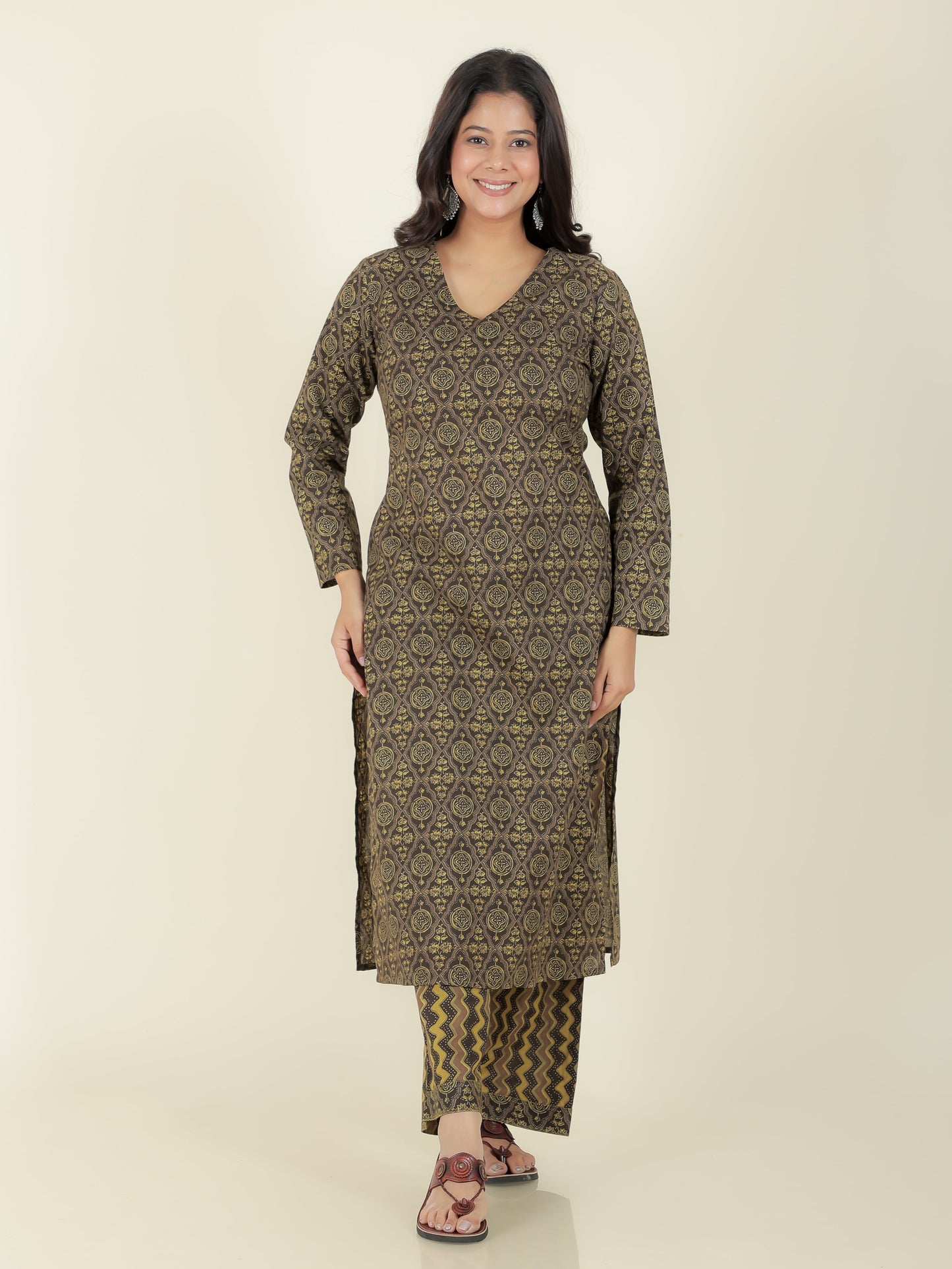 Soft Cotton Ajrakh Straight Brown Kurta