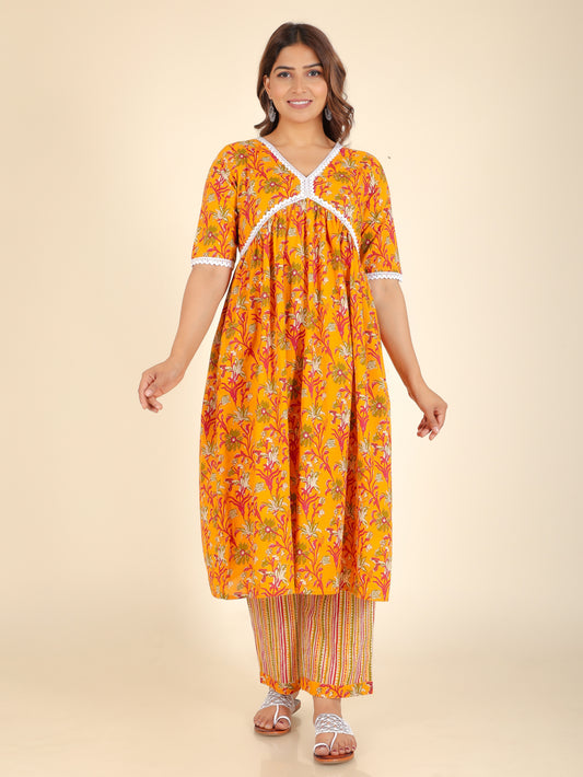 Soft Cotton Floral Anarkali Yellow Kurta