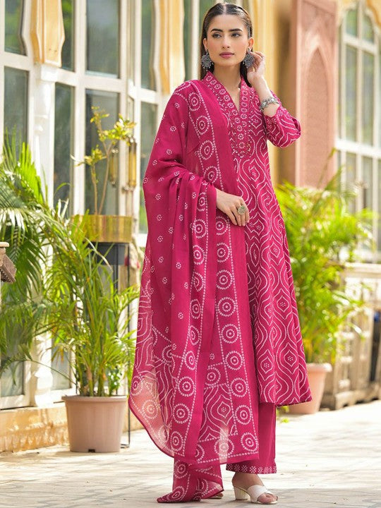 ARAVALII Bandhani Printed Mirrror Work Pure Cotton Anarkali Kurta