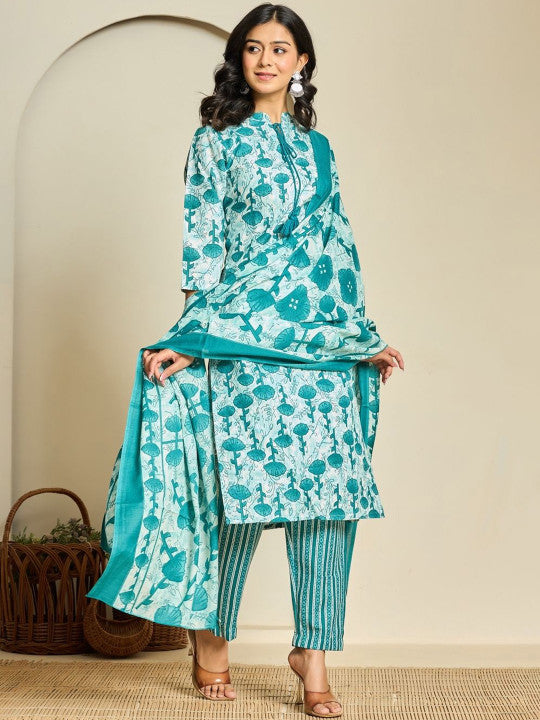 FLAMBOYANT Floral Printed Tie-Up Neck Pure Cotton Kurta With Trousers & Dupatta