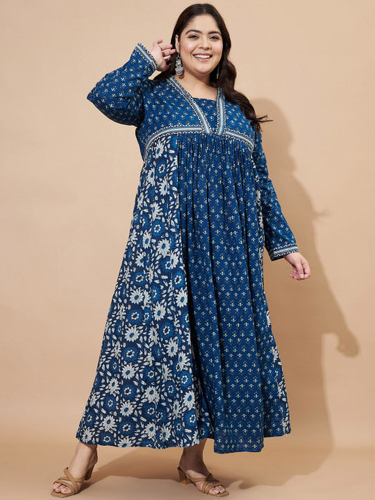 Vbuyz Plus Floral Printed Square Neck Cotton Maxi Ethinic Dress