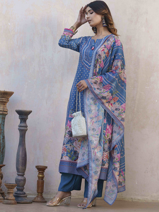 Floral Printed Straight Kurta With Palazzos & Dupatta