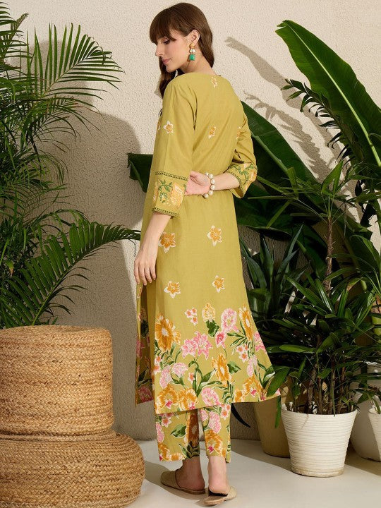 Indo Era Printed Notch Neck Straight Pure Cotton Kurta With Pants