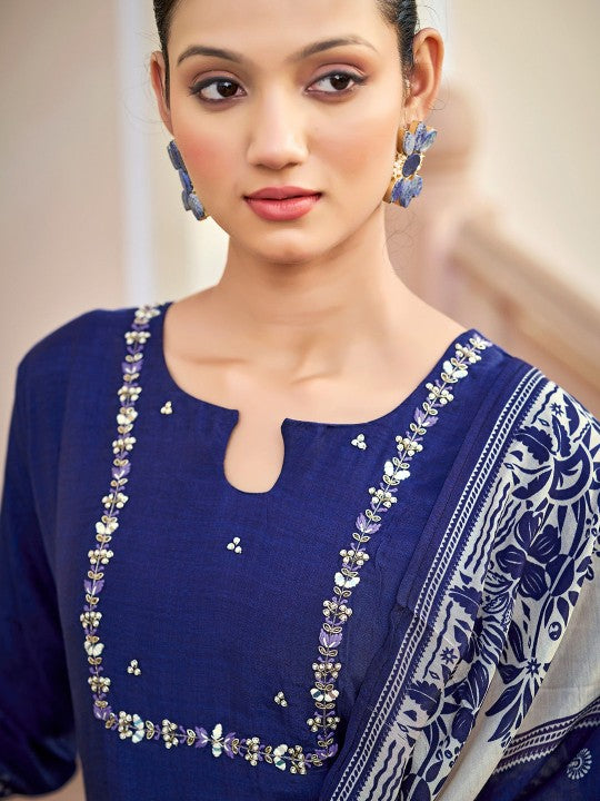 AVITRA Floral Printed Round Neck Beads And Stones Straight Kurta With Trousers & Dupatta