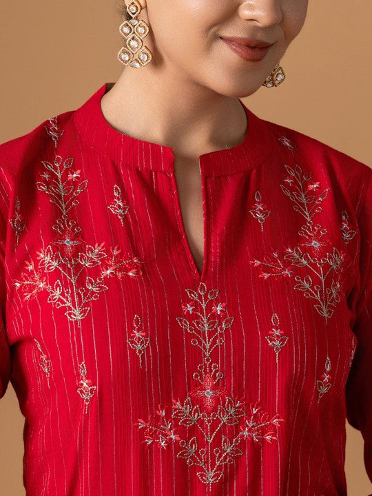 WOMEN PLUS Floral Embroidered Thread Work Pure Cotton Kurta With Trousers & Dupatta