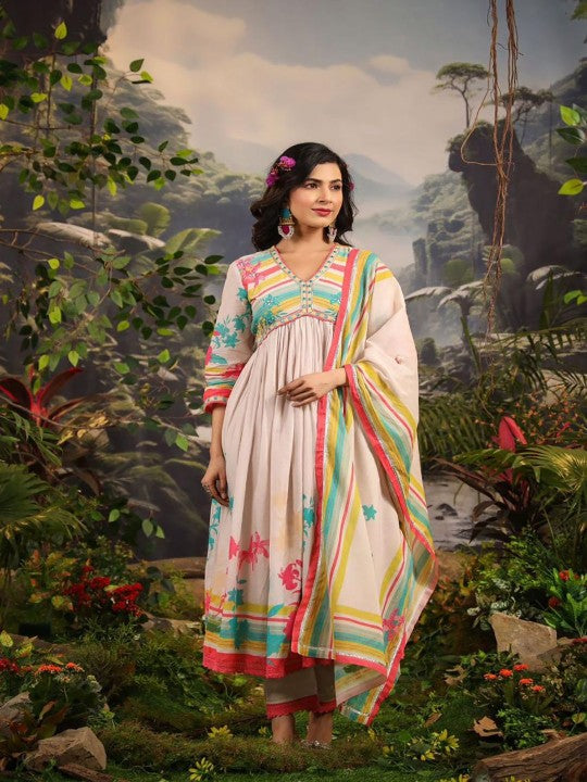 AARAAS Floral Printed Thread Work Anarkali Pure Cotton Kurta With Trousers And Dupatta