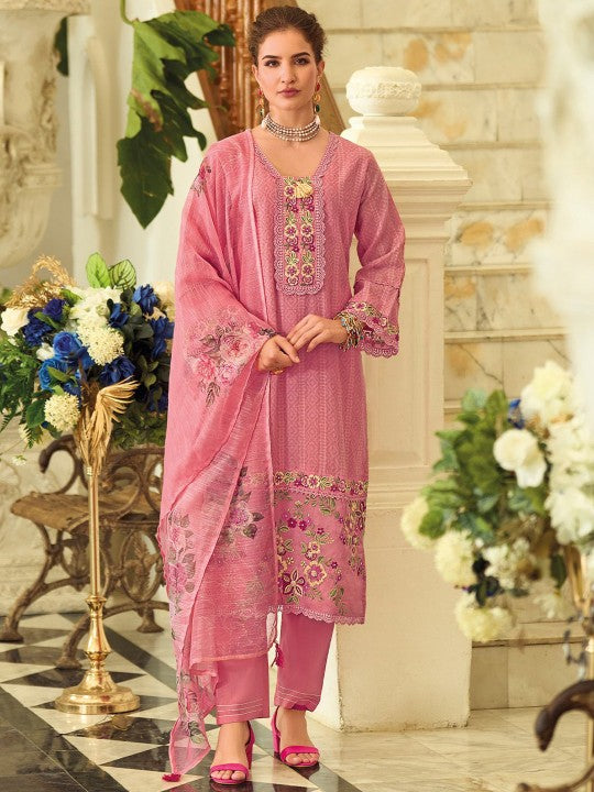Varanga Geometric Printed Square Neck Thread Work Pure Cotton Kurta With Trouser & Dupatta