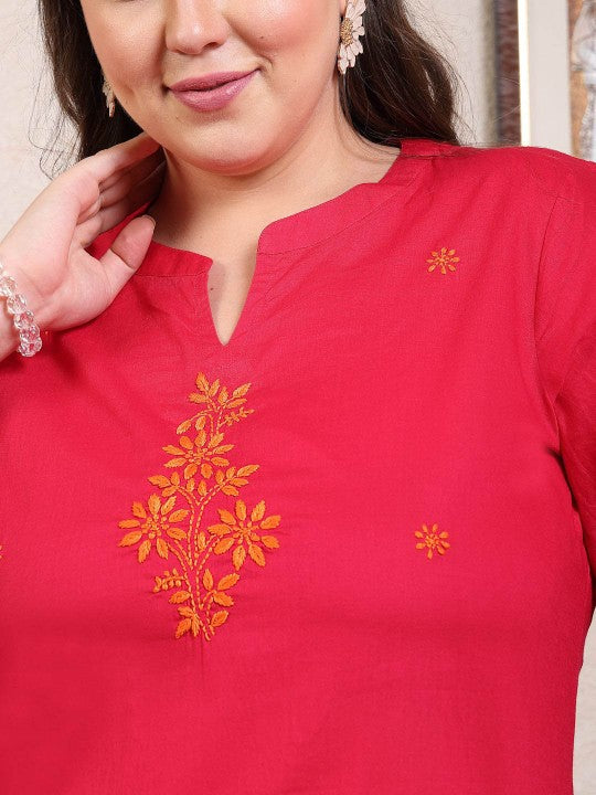 Sringam Chikankari Embroidered Mandarin Collar Pure Cotton Top With Trouser