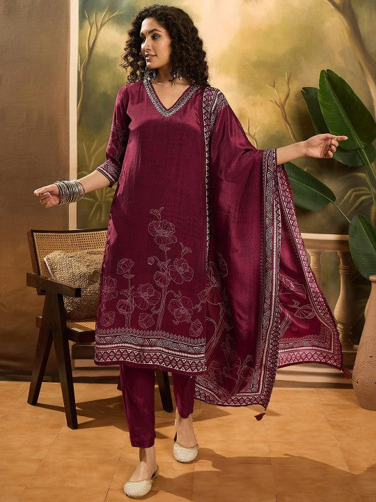 Floral Printed V Neck Straight Kurta