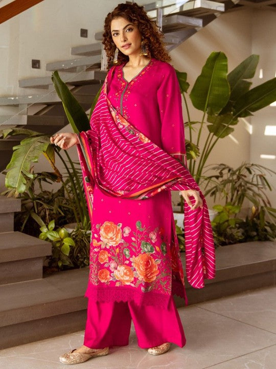 AUTUMN LANE Kabool Rani Floral Printed Pure Cotton Kurta With Trousers & Dupatta