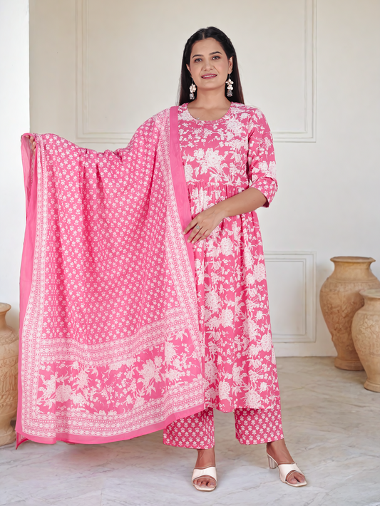 Soft Cotton Floral A-line Pink Kurta