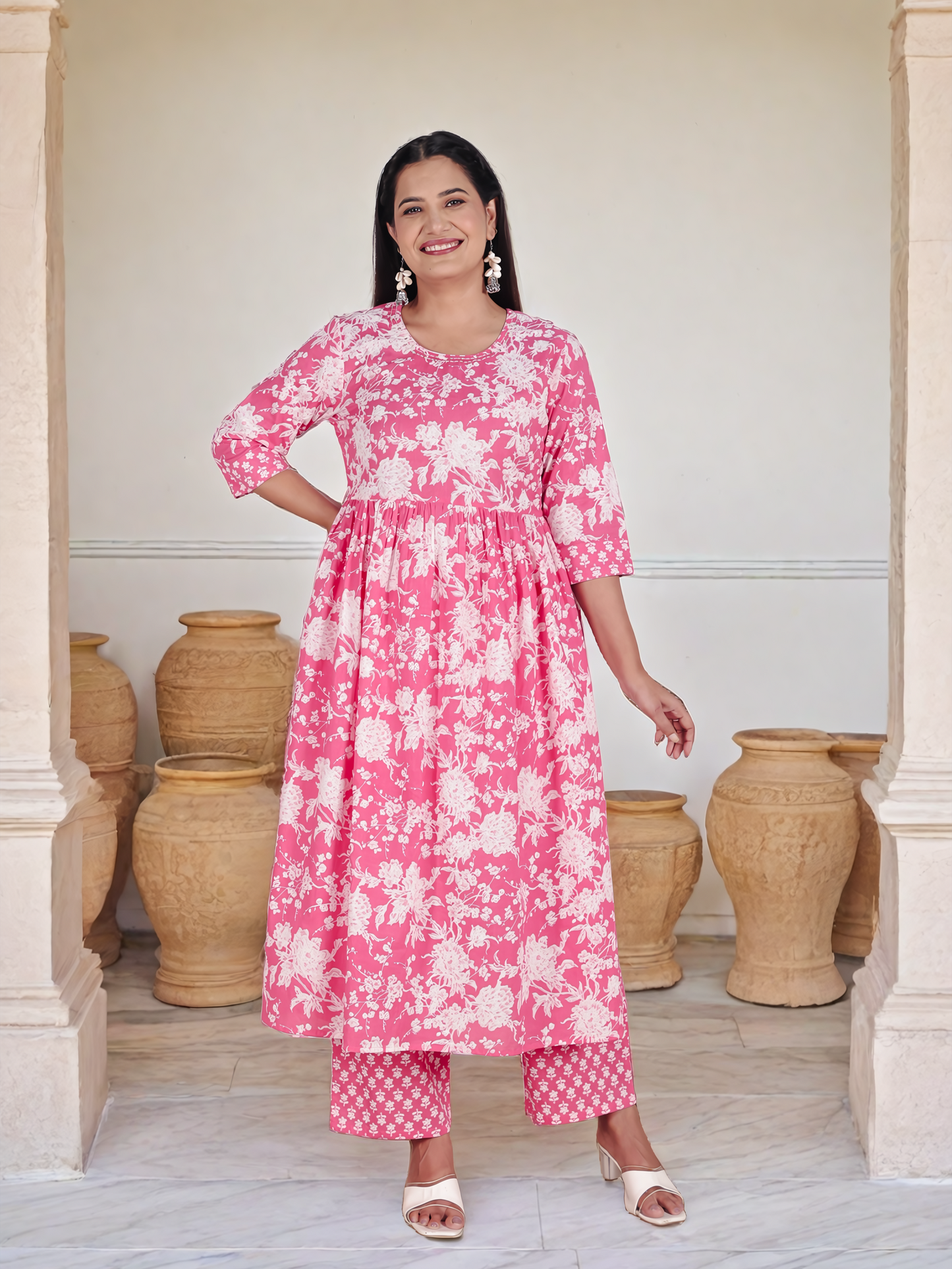 Soft Cotton Floral A-line Pink Kurta