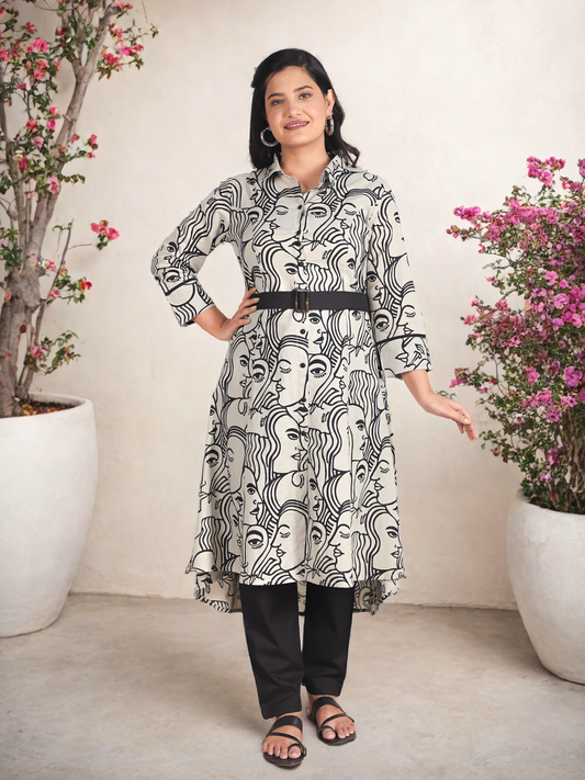 Embroidered Soft Cotton Abstract High Low Grey Kurta