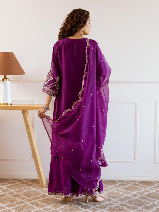 Ishin Women Embroidered V-Neck Kurta with Palazzos & Dupatta