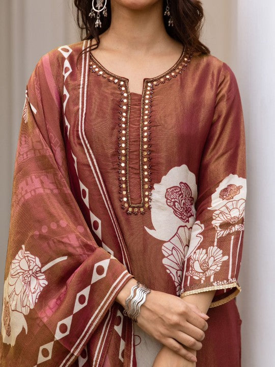 Anouk Floral Printed Regular Mirror Work Straight Kurta