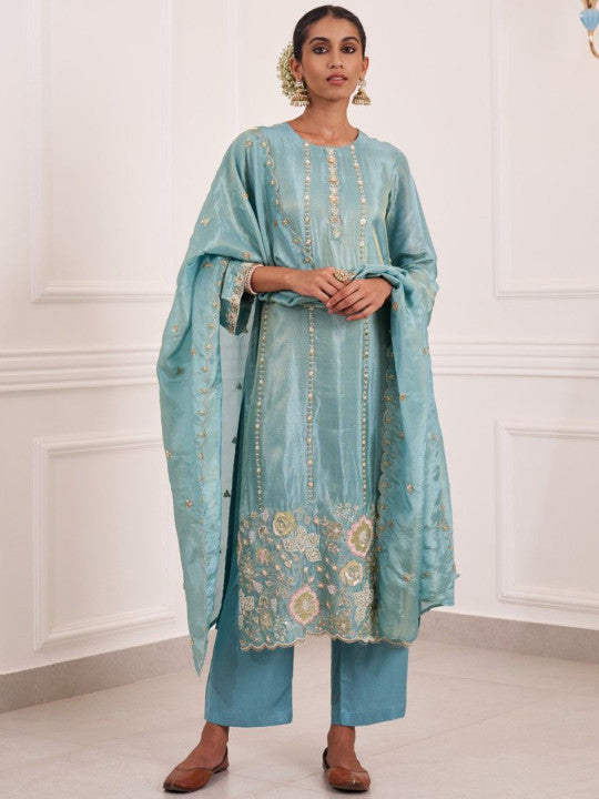 AUTUMN LANE Gaurisha Lapis Floral Embroidered Thread Work Kurta With Trousers & Dupatta