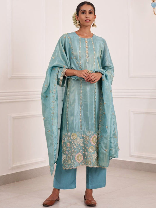 AUTUMN LANE Gaurisha Lapis Floral Embroidered Thread Work Kurta With Trousers & Dupatta