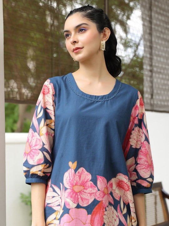 Floral Printed Pure Cotton Tunic With Trousers