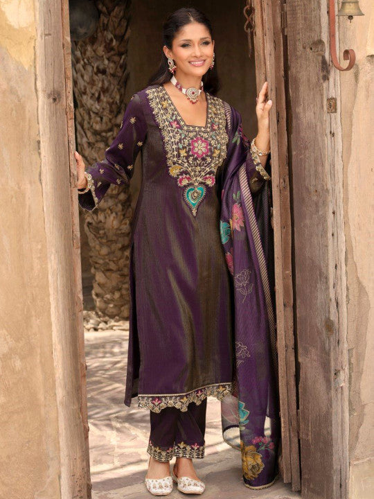 AUTUMN LANE Women Ethnic Motifs Embroidered Thread Work Kurta with Trousers & Dupatta