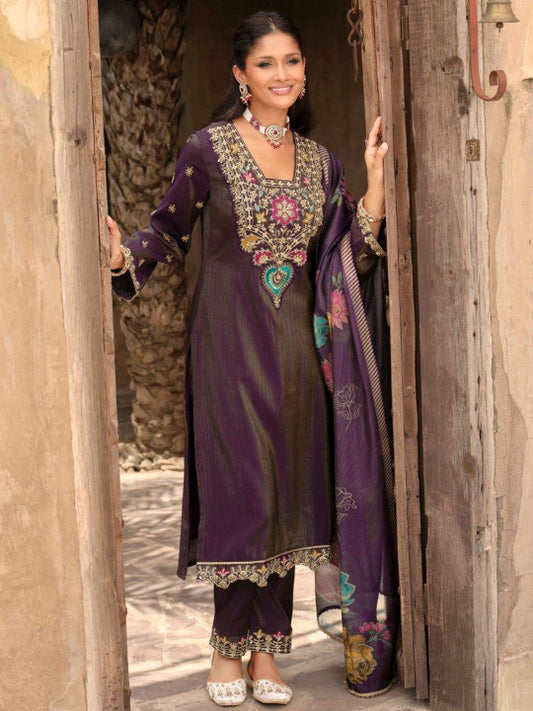 AUTUMN LANE Women Ethnic Motifs Embroidered Thread Work Kurta with Trousers & Dupatta