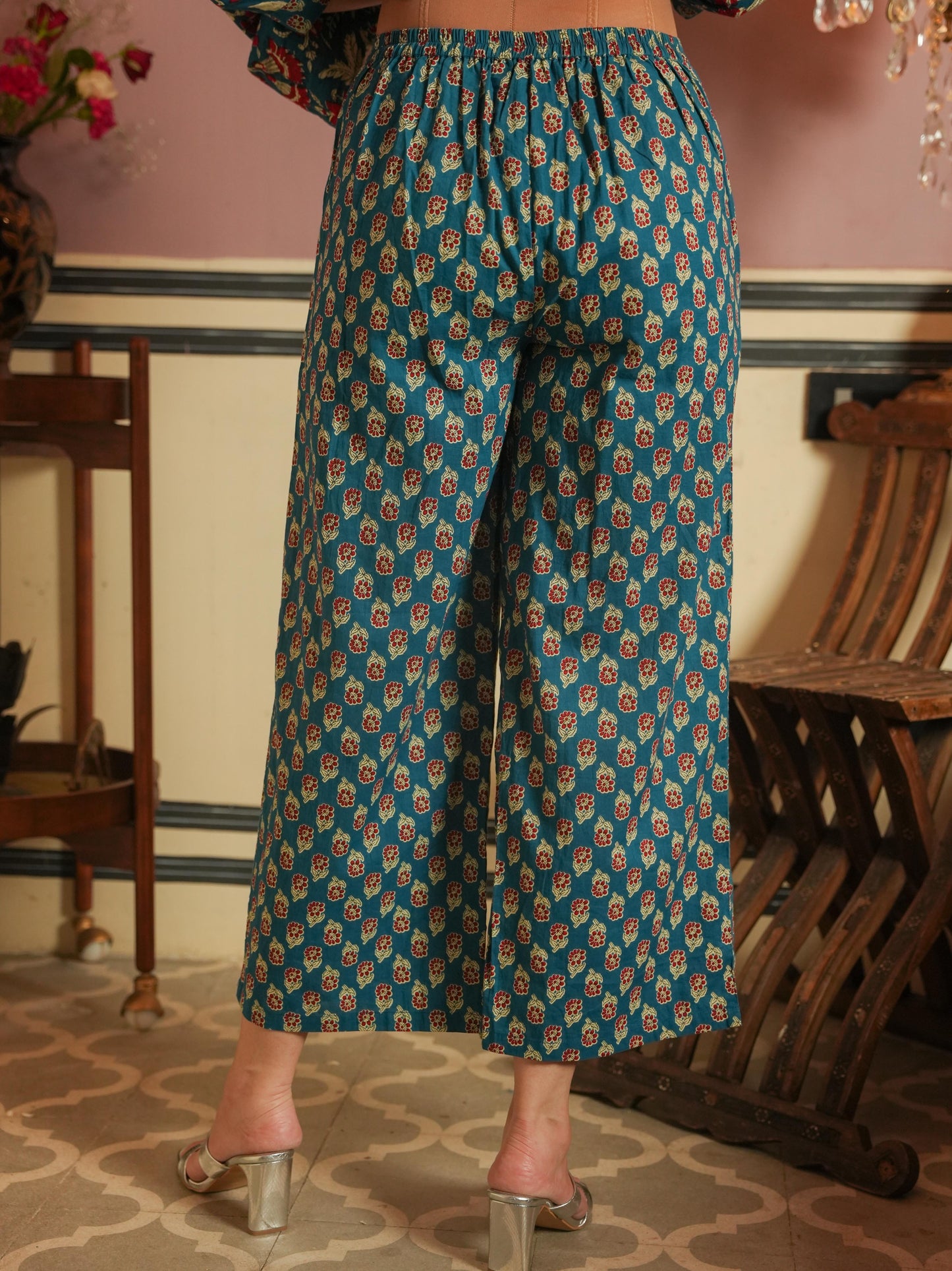 Embroidered Soft Cotton Block Print A-line Blue Kurta