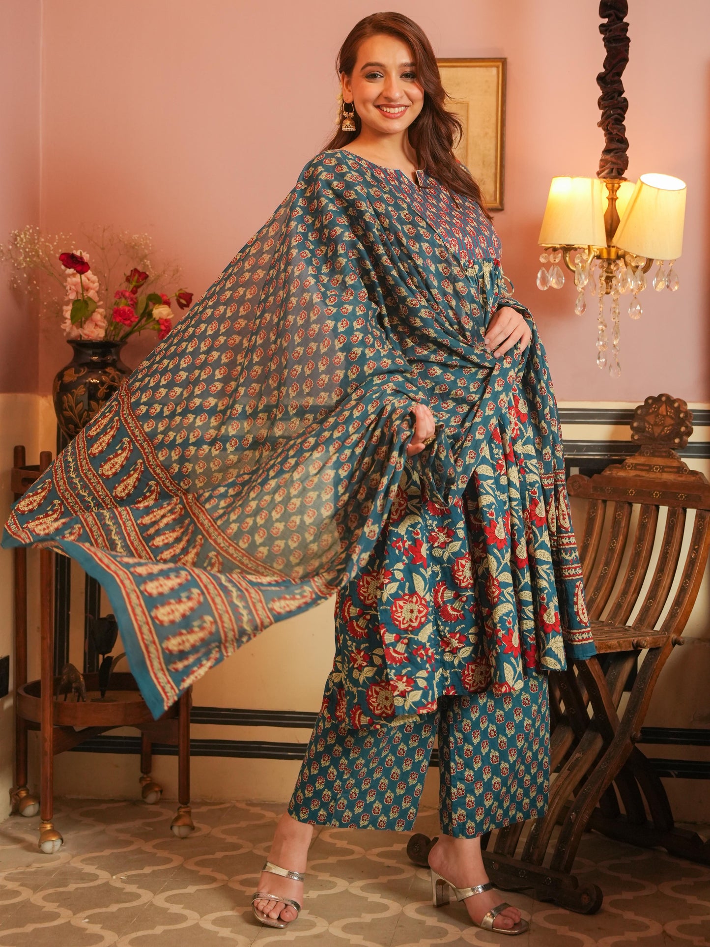 Embroidered Soft Cotton Block Print A-line Blue Kurta