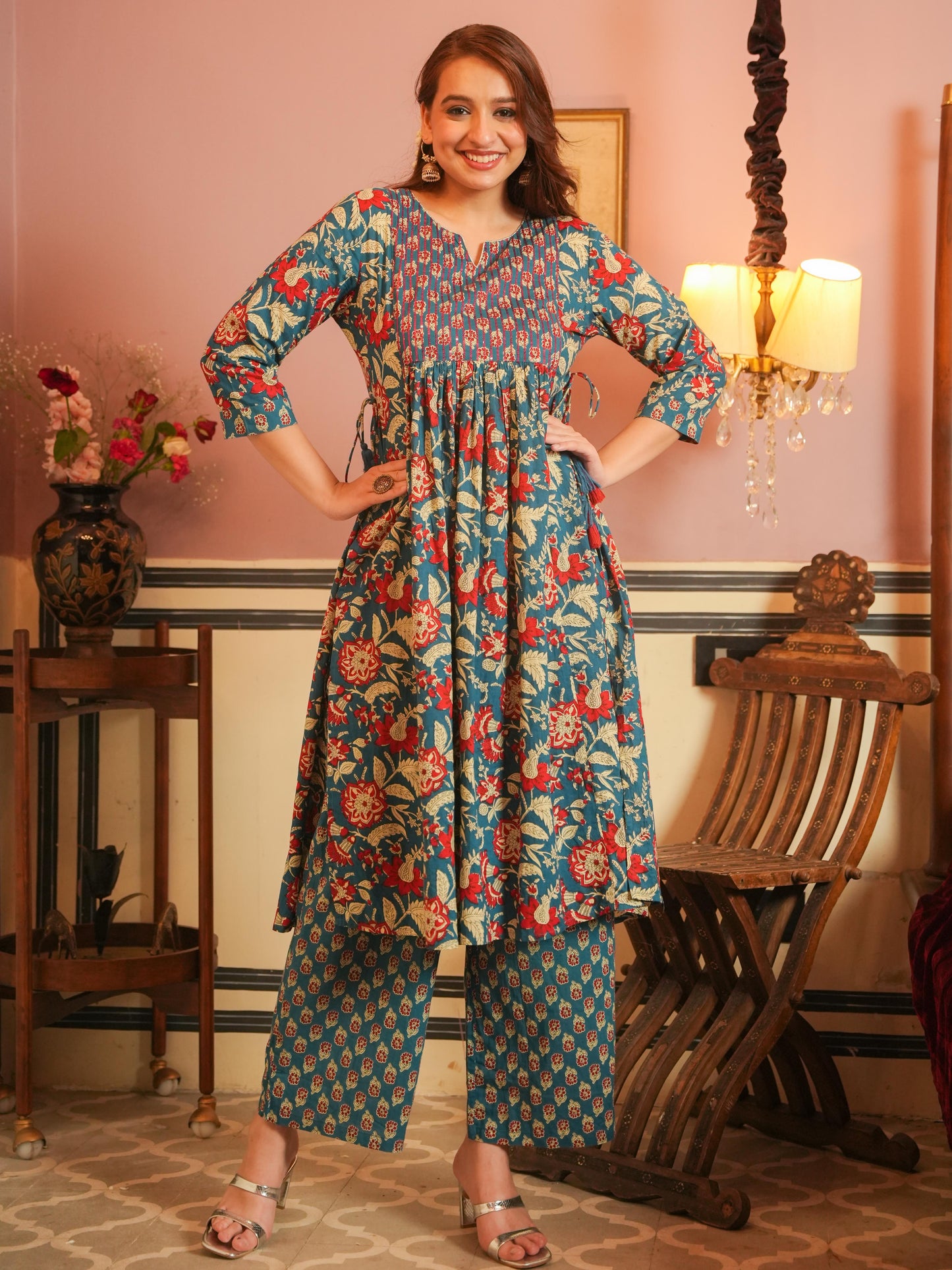 Embroidered Soft Cotton Block Print A-line Blue Kurta