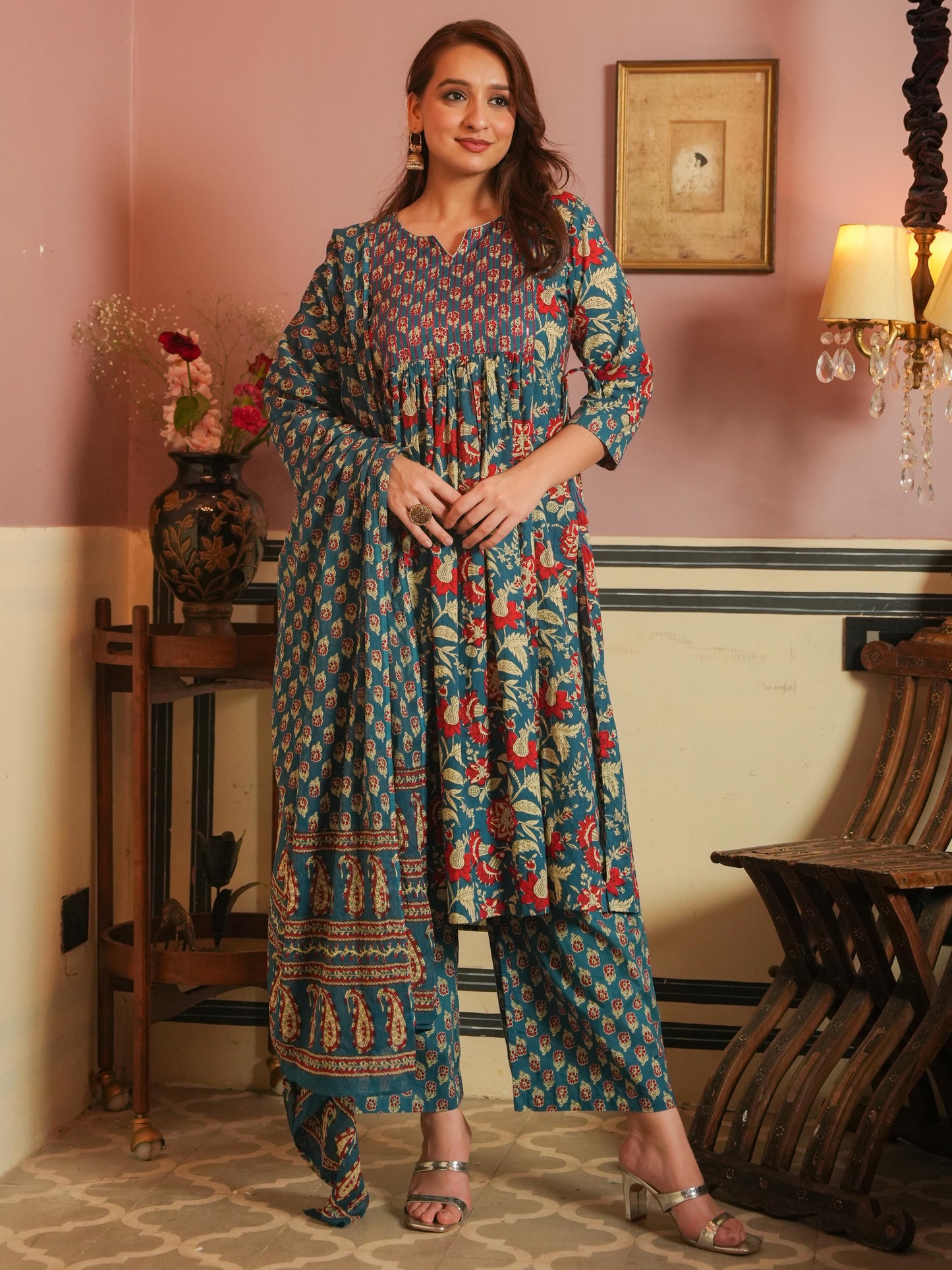 Embroidered Soft Cotton Block Print A-line Blue Kurta